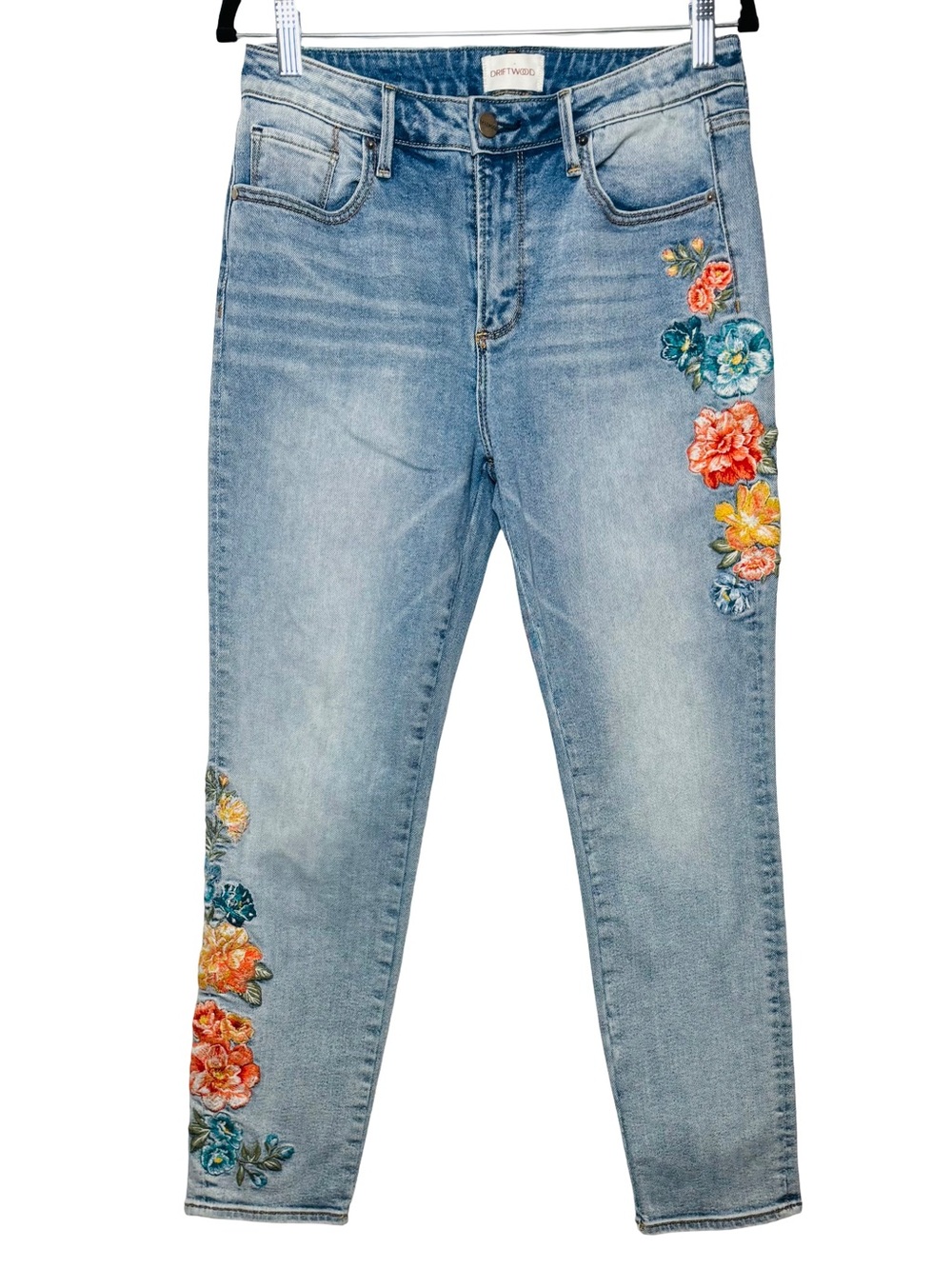 DRIFTWOOD Blue Women’s Skinny Jeans with Multicolor Floral Embroider, Sz 27 NWOT